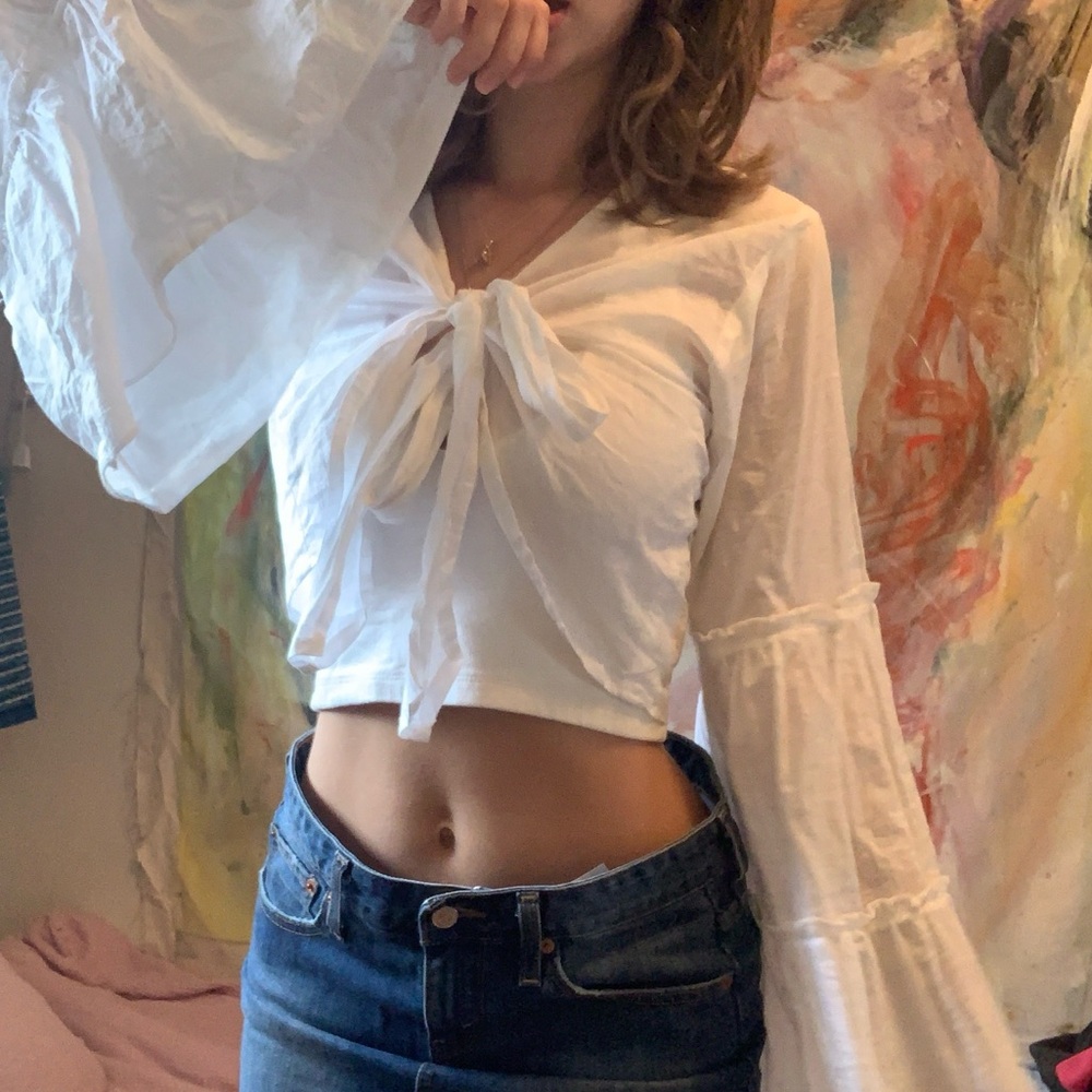 White Cotton bellsleeve wrap top